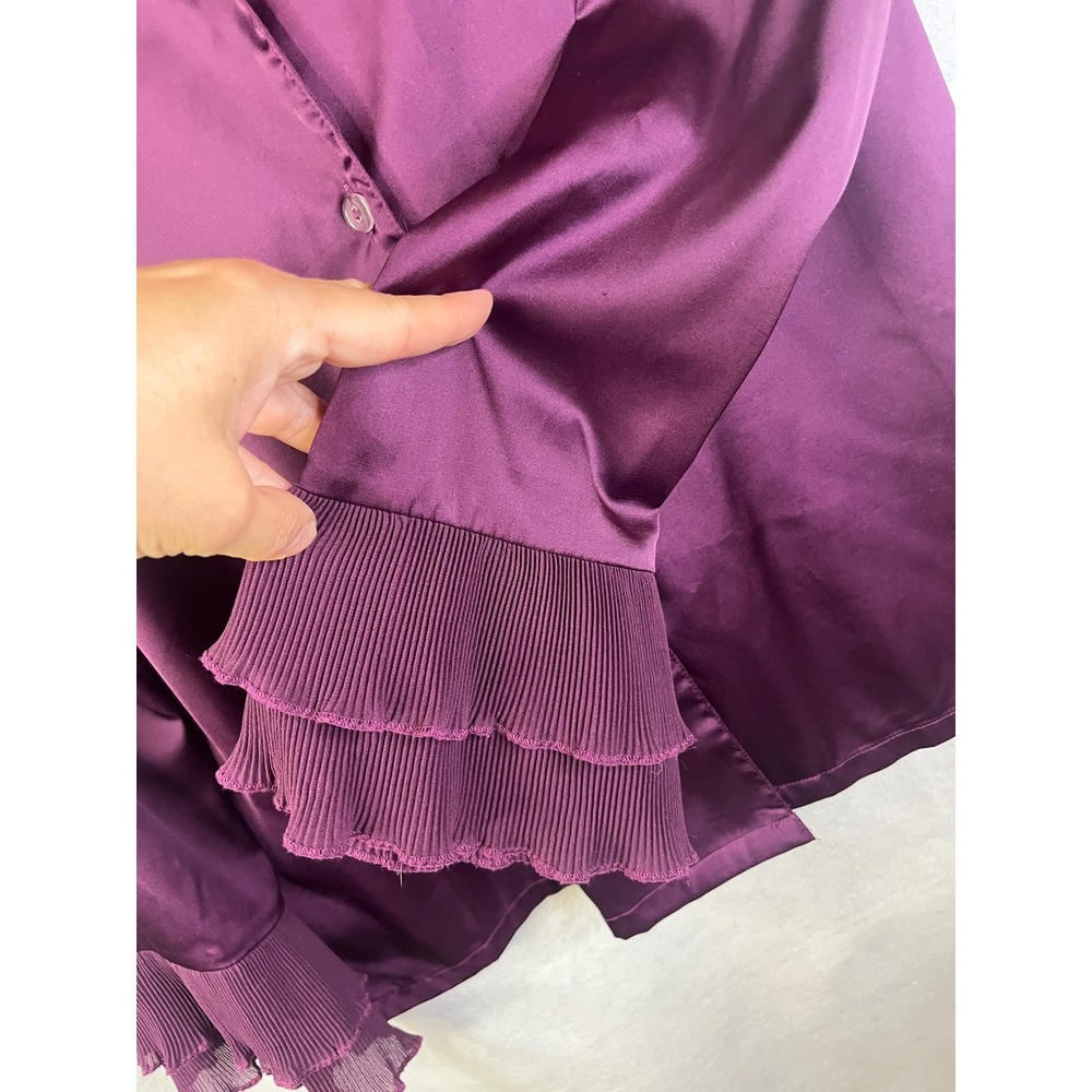 Women's M purple button up blouse pleated cuff ruffle long sleeve satin Boho - Picture 4 of 8